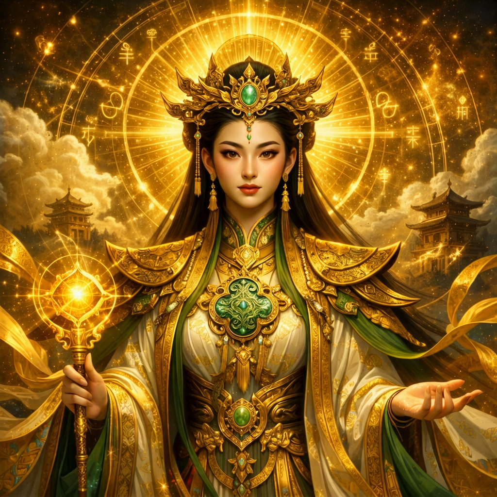 VEYRA holding a radiant staff beneath a golden halo of glyphs